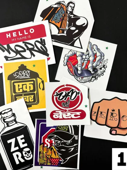 A collection of custom stickers I've designed. This pack includes my fist logo, a Devanagari script piece, and other iconic tags.