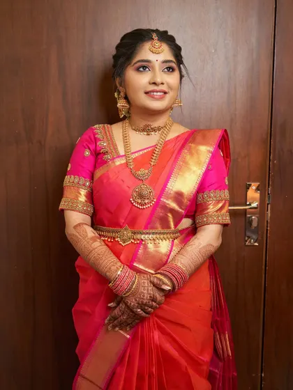 The complete traditional look for Vidhatri, with her saree, jewelry, and makeup all coming together perfectly.