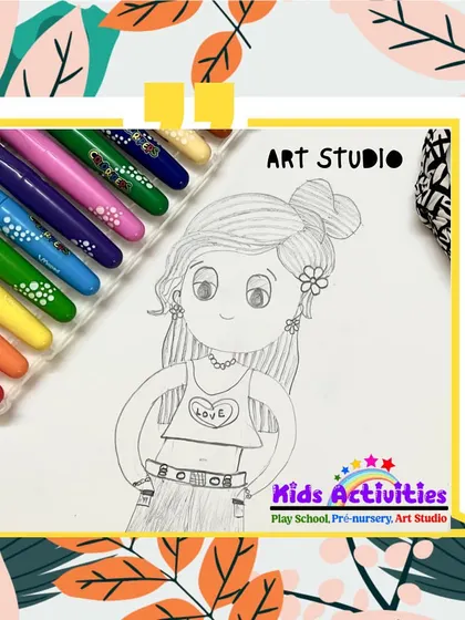 A sketch of a stylish girl, ready to be brought to life with color. Our drawing classes focus on teaching proportions and character design, giving young artists the skills to draw people and figures with confidence.