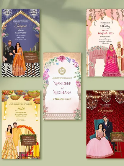 This image showcases a variety of static PDF invites I've designed. Each one has a unique theme and custom caricatures for events like Sangeet, Haldi, Wedding, and Reception, showing the range of styles I can create.
