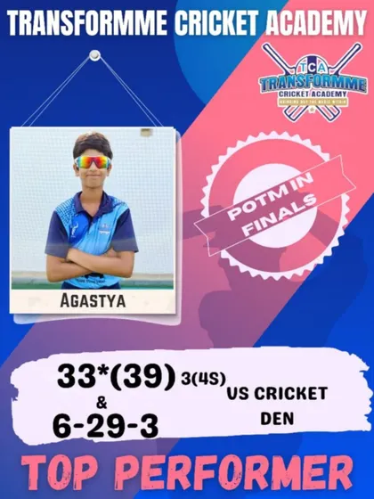 Agastya's all-round performance in the EV Cup finals, earning him the Player of the Match award.