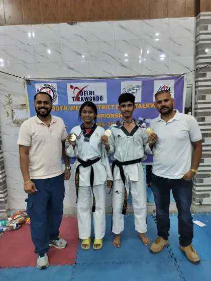 Our black belt students showcasing their medals from the district championship. Even our senior students continue to compete and win.