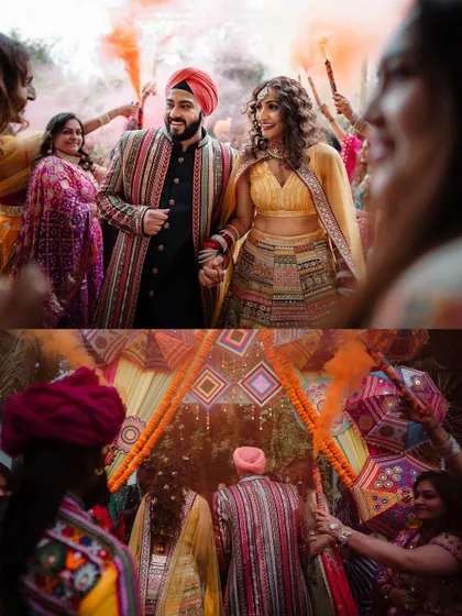 A collage of a couple's grand entrance with color smoke, showcasing the vibrant celebration.