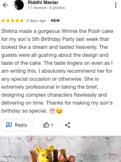 This review for our Winnie the Pooh cake absolutely made our week! It’s a joy to know that the design and taste brought so much happiness and that we could make a 5th birthday so special.