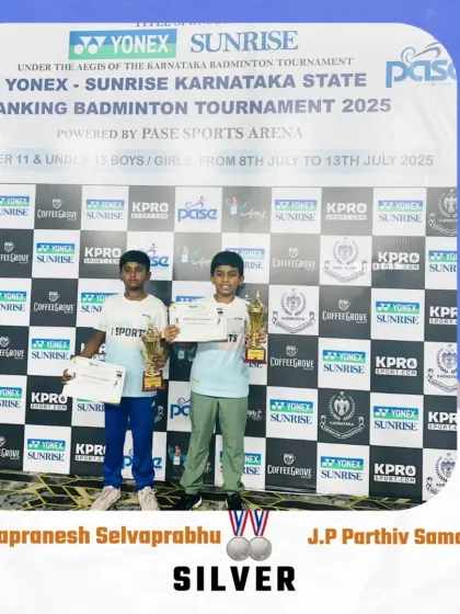 Parthiv and Pranesh on the podium after winning the Silver medal in U11 Boys Doubles at the state ranking tournament, a huge milestone in their first-ever finals appearance.