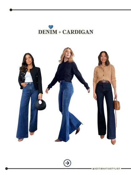Create a cozy and stylish look by pairing your favorite denim with a cardigan. Whether it's a cropped style or a classic button up, this combination is perfect for transitional weather.