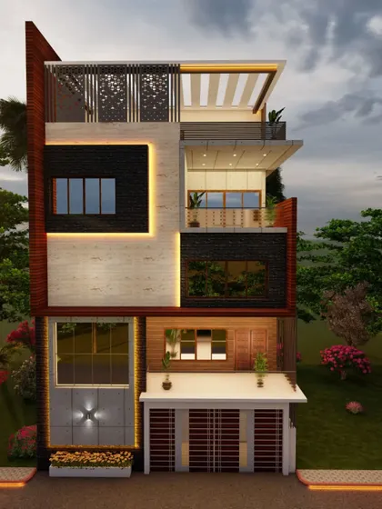 A dusk render of the same design, emphasizing the exterior lighting fixtures.