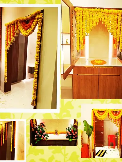 Elegant floral decor for a housewarming ceremony. We used traditional marigold garlands to decorate the doorways and pooja area, creating a festive and welcoming atmosphere.