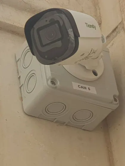 A Tiandy 5 MP starlight IP PoE camera, labeled "CAM 5". Starlight technology provides very clear color video in low light conditions.