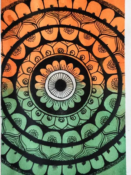 A finished mandala I created for Independence Day, using the colors of the Indian flag with a watercolor blend effect.