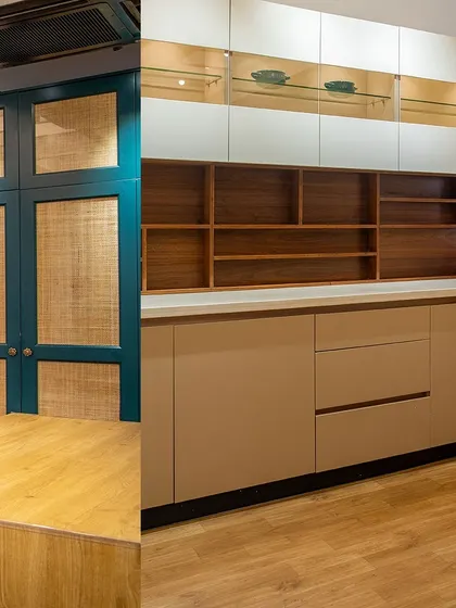 A snapshot from my experience center, showing a teal wardrobe with rattan paneling next to a more conventional kitchen unit with wood and beige laminates. This shows the variety of finishes I offer.