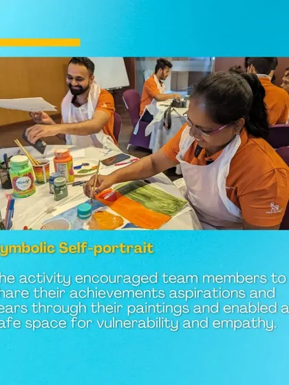 A look at the symbolic self portrait activity from our Novo Nordisk corporate event. This exercise encouraged team members to share their achievements, aspirations, and fears through their paintings, fostering empathy and understanding.