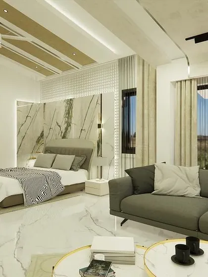 An identical shot of the bedroom with its expansive view.