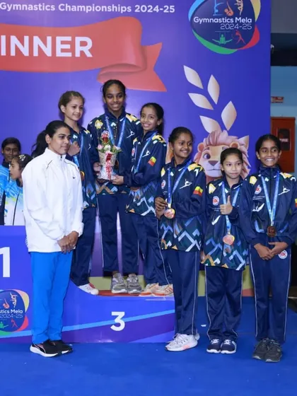 A proud moment for Karnataka and our academy. Our team celebrating a 3rd place finish at the Sub-Junior Artistic Gymnastics Nationals, a result of incredible teamwork and spirit.