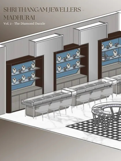 An isometric drawing of the "Diamond Dazzle" section for Shri Thangam Jewellers. This technical drawing illustrates our detailed space planning, including counter layouts, display walls, and customer seating arrangements.