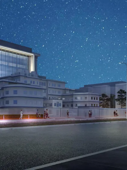 The expansion of Max Nanavati Hospital, an institution with a 70-year legacy, introduces a new 12-story tower. This night-time rendering shows how the new structure will integrate with the existing hospital.