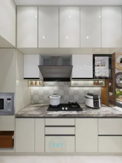 A 3D render of a compact and efficient kitchen design. It features white high-gloss cabinets, a built-in microwave, and an open-pass-through window to the dining area.