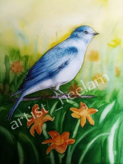 A watercolor painting of a bluebird perched among flowers. The soft, blended background and bright colors of the bird show the versatility of this painting style.