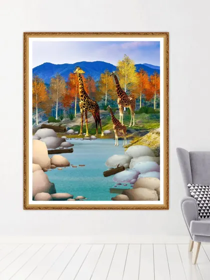 A mockup of the giraffe painting as a large, statement wall art piece.