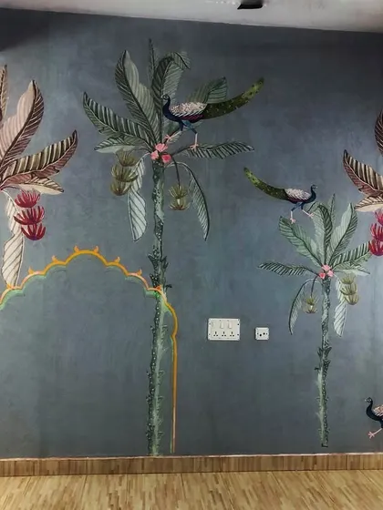 A custom-designed wallpaper for a TV wall, featuring peacocks on palm trees with a decorative arch. This is a great example of how to blend traditional motifs with modern home layouts.