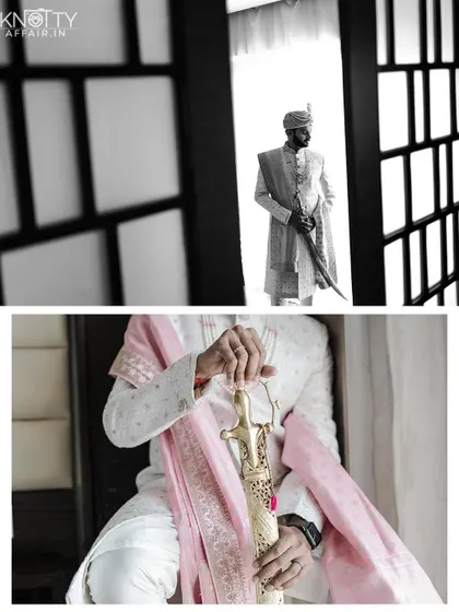 Details of the groom's attire, including his sword, and a dramatic black and white portrait. We ensure the groom's look is documented with artistic flair.