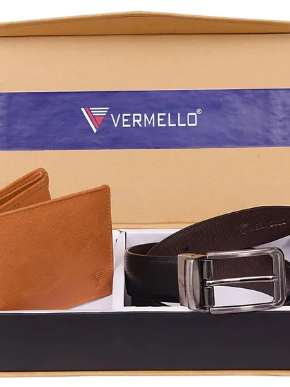 This executive gift set features a classic tan bifold wallet crafted from soft, genuine leather, paired with a durable dark brown leather belt. The set is designed for professionals who appreciate timeless style.