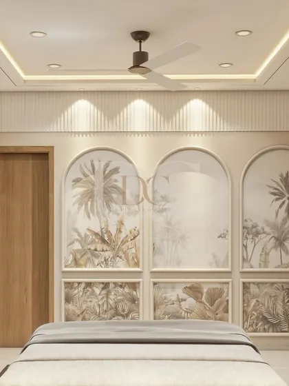 Another view of the same bedroom, showing the wall opposite the bed. We used arched panels with matching tropical wallpaper to create a cohesive and artistic look, turning a simple wall into a feature.