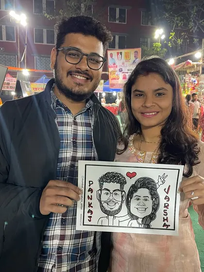 A lovely couple caricature from a food festival in Parel, Mumbai. Our art is a great addition to any celebration, big or small.