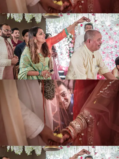 A collage showing key wedding rituals, including a peek from behind the antarpat and a sister's role in the ceremony.