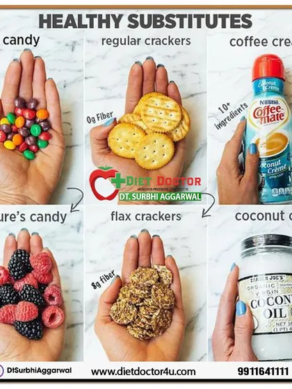 Healthy substitutes can make a huge difference. This visual shows simple swaps I recommend, like choosing berries over candy or flax crackers over regular crackers, to boost fiber and reduce sugar.
