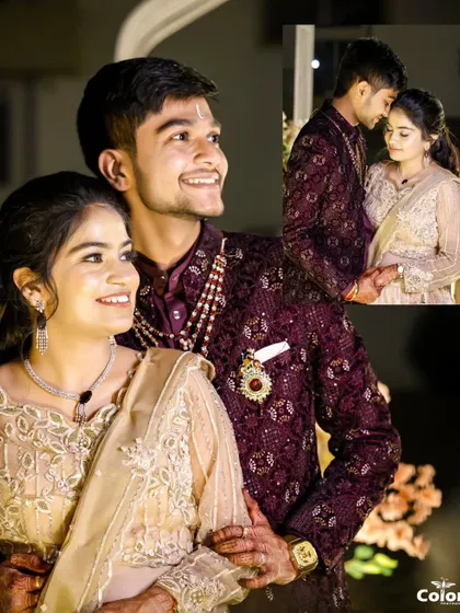 A creative collage capturing the couple in rich, formal attire, perfect for a wedding ceremony or reception.