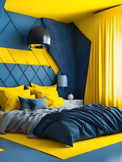 A bold and modern bedroom with a dramatic blue and yellow color scheme and geometric wall paneling.