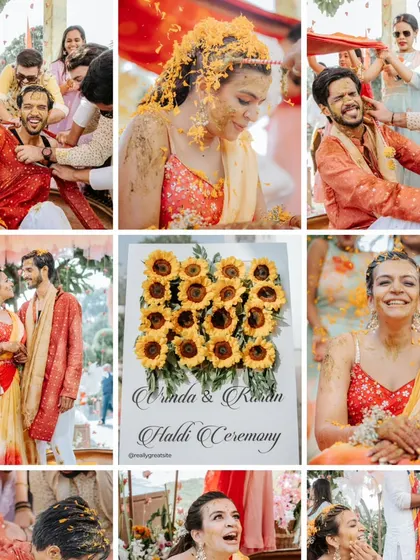 A vibrant collage from Karan and Vrinda's Haldi, filled with sunflowers, laughter, and the joyful mess of the celebration.