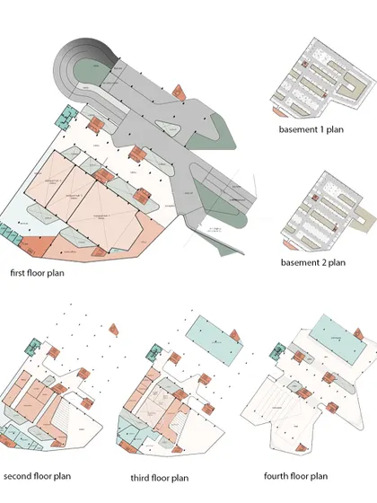 A full set of floor plans for the podium structure, from the basement to the fourth floor.