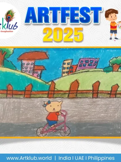 A cat riding a bicycle through a city park, a charming drawing by a junior artist.