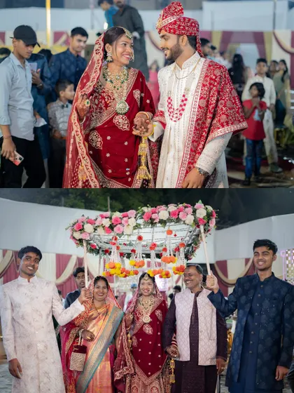 A collage capturing the bride's entry under a phoolon ki chadar with her family, and a happy moment with her new husband.