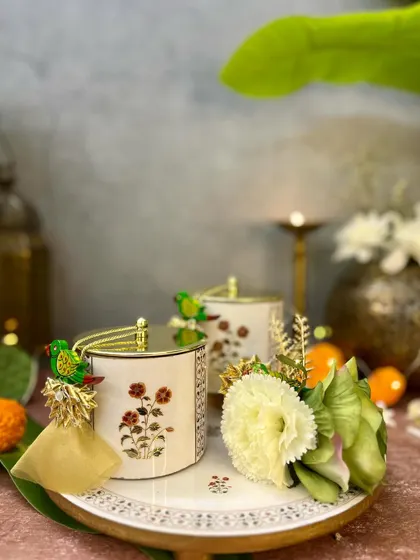 A still from our Mughal Collection, featuring the ornate floral jars placed on a traditional platter, perfect for adding a touch of royalty to any festive occasion.