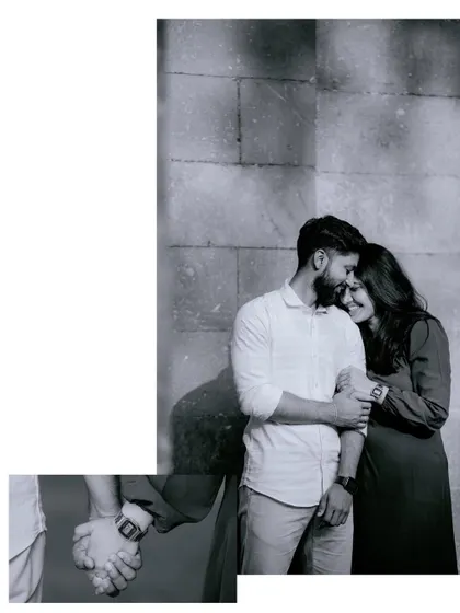 A black and white collage focusing on intimate details, a close-up of the couple embracing and a shot of them holding hands. This highlights the small, meaningful gestures.