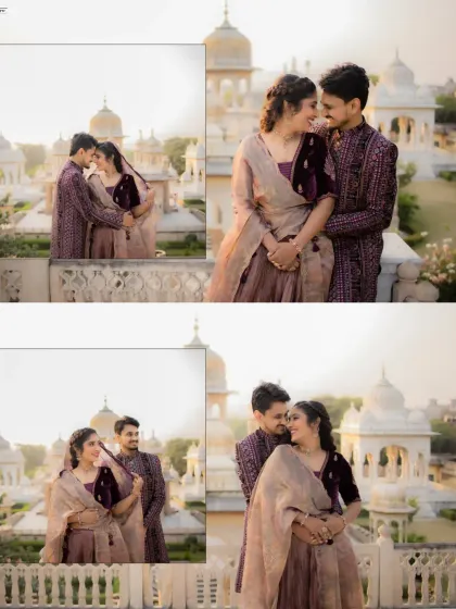 A series of intimate close-ups of Ayush and Akshitha. These shots capture the soft smiles and gentle connection between the couple, with the beautiful Jaipur architecture blurred in the background.