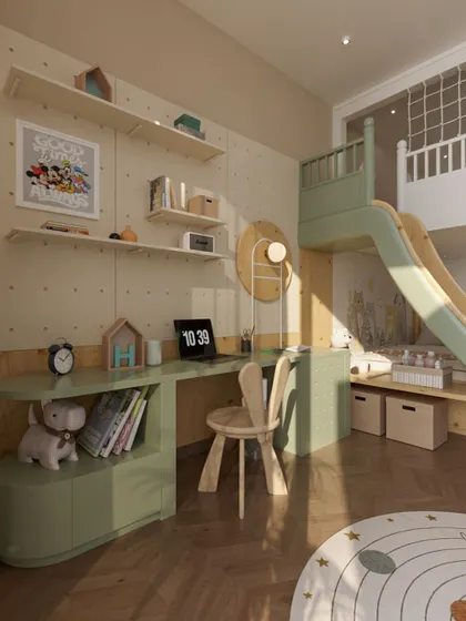 This kids' room concept features a bed with a slide for a fun way to wake up. A pegboard wall and open shelving provide flexible storage and display space for toys and books, while the sage green desk adds a pop of color.