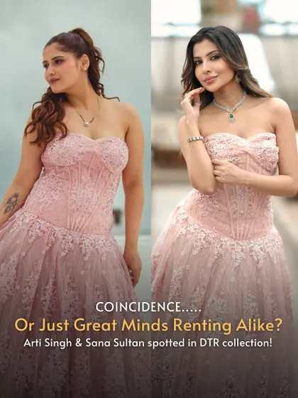 Great minds rent alike! Arti Singh and Sana Sultan were both spotted in this beautiful pink corset gown by Amit GT, rented from our collection for their respective events.