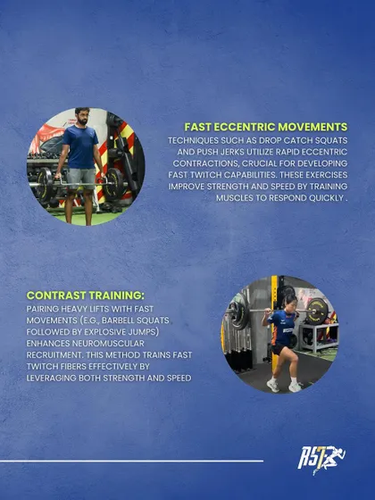 This graphic details two more advanced techniques: fast eccentric movements like drop catches and contrast training, which pairs heavy lifts with explosive jumps to enhance neuromuscular recruitment.