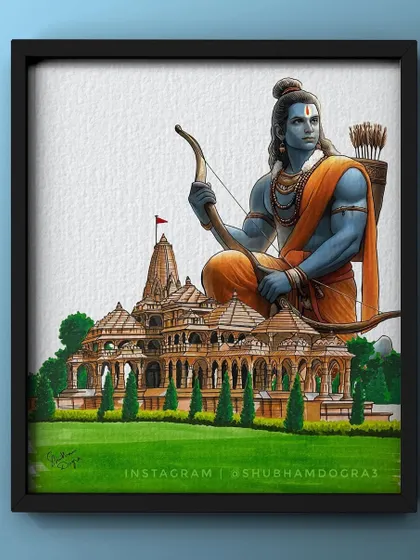 A framed digital artwork of Lord Ram at the Ram Mandir in Ayodhya. This piece combines architectural drawing with divine portraiture, celebrating a historic moment.