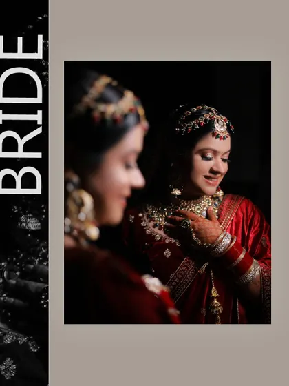 A beautiful reflection shot of bride Kashika in her red velvet lehenga, capturing a quiet moment before the ceremony.