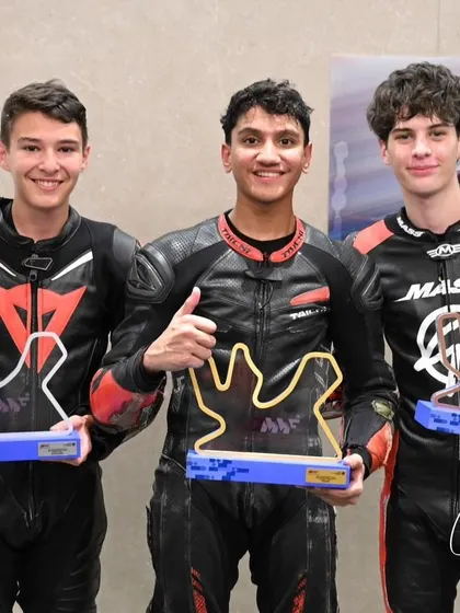 The joy of victory. Our student Rakshith Dave with his well earned trophies after a successful international race weekend. We guide our riders on every step of their journey to the podium.