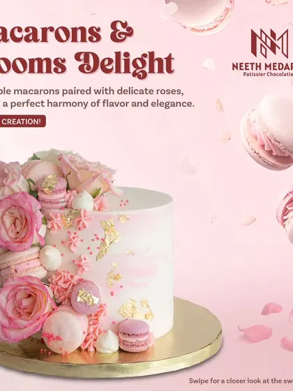 Macarons and blooms delight. This eggless creation is a perfect harmony of flavor and elegance, with fresh roses and pink macarons.