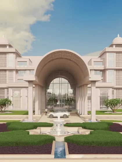 A render of a grand hotel entrance, where a clean, arched roof combines utility with refined grandeur. This design element subtly references royal architecture while framing the arrival experience.
