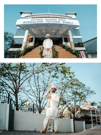 A collage showing the groom's solo portrait outside the Bangalore Patidar Samaj and a fun shot of him with a cricket bat.