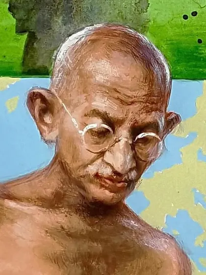 A close-up of the portrait of Mahatma Gandhi from my award-winning watercolor composition.