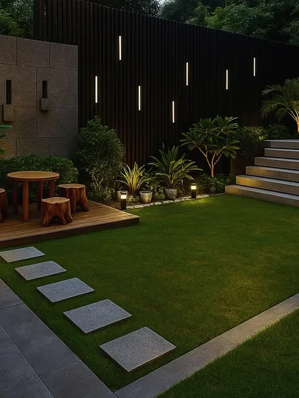 A 3D render of a modern backyard in Faridabad, with a clean lawn, a stepping stone path, and a raised deck with rustic log-style seating.